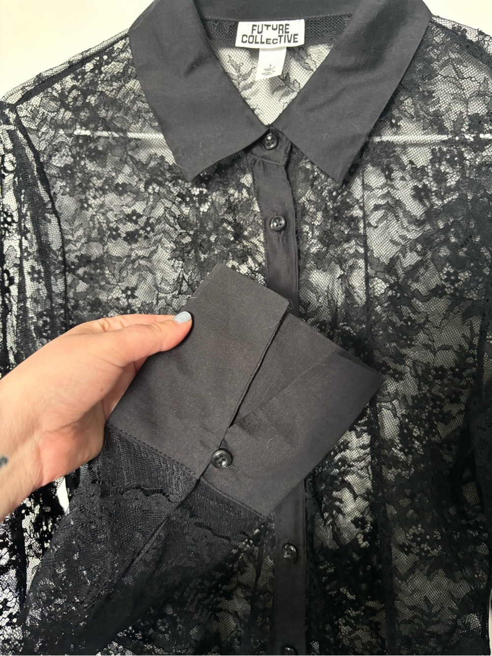 Quiet Luxury Whimsigoth Flirty Future Collective Black Lace Button-Up Shirt - Picture 3 of 4